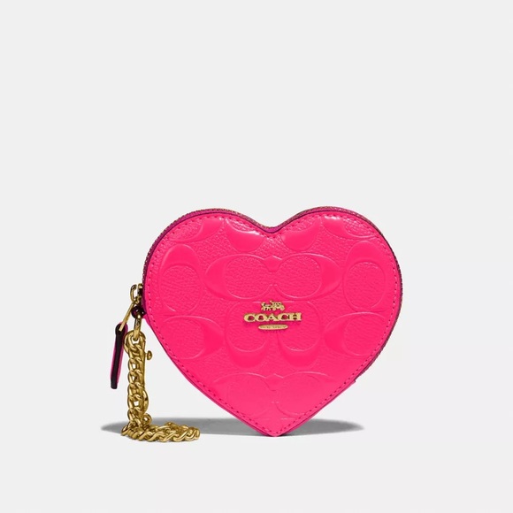 Coach Handbags - COACH Neon Pink Heart Coin Case Pouch Keyring Bag Charm Wallet Leather Chain